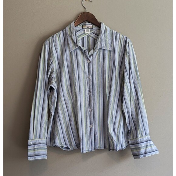 Caribbean Joe Size XL Blue Top Womens Button Up Shirt Green Extra Large Stretch - Picture 1 of 5